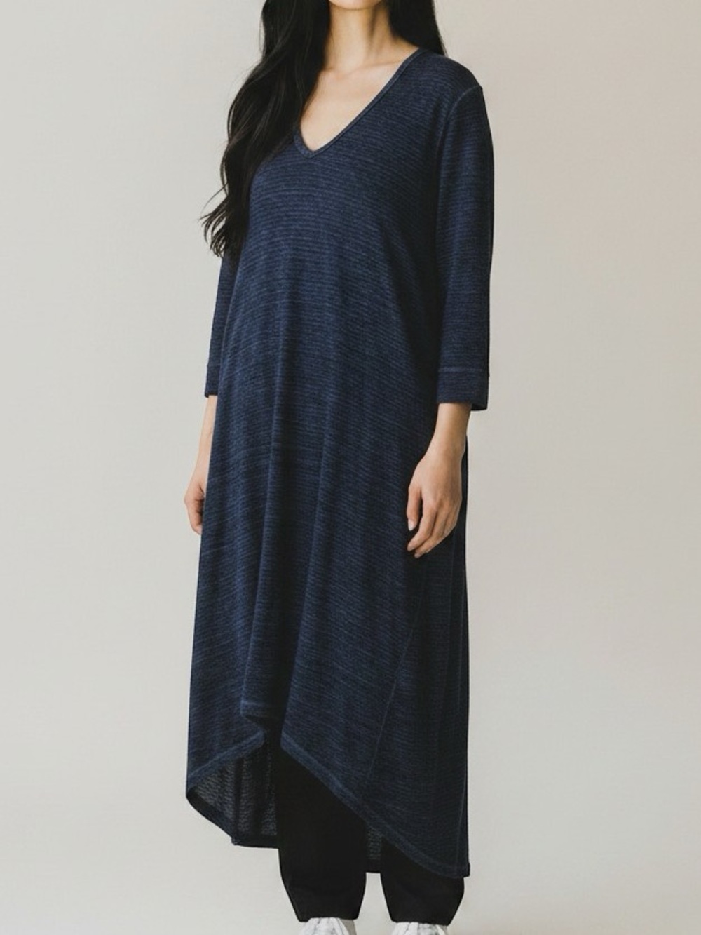 Transit Par Such Linen Dark Blue Stripe High Low Hem Midi Dress 2 Lagenlook